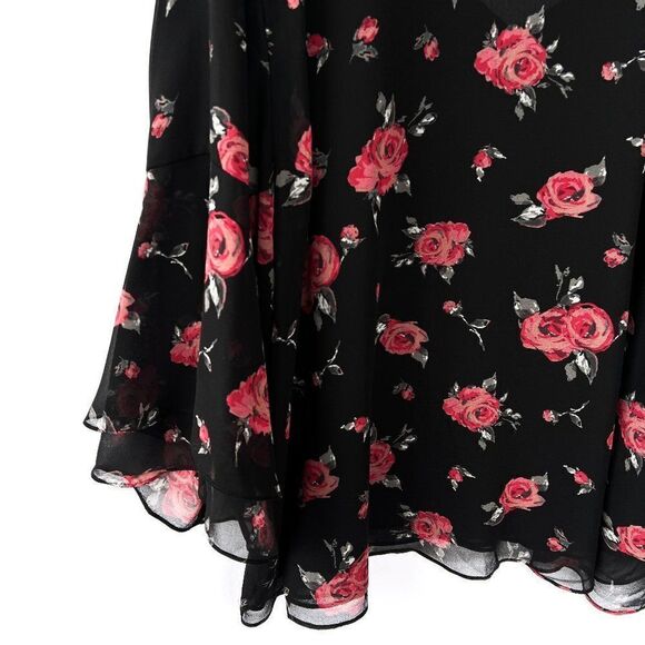 Lane Bryant Black Red Rose Floral Print Semi Sheer Ruffle Sleeve Top 26/28 - Picture 7 of 7